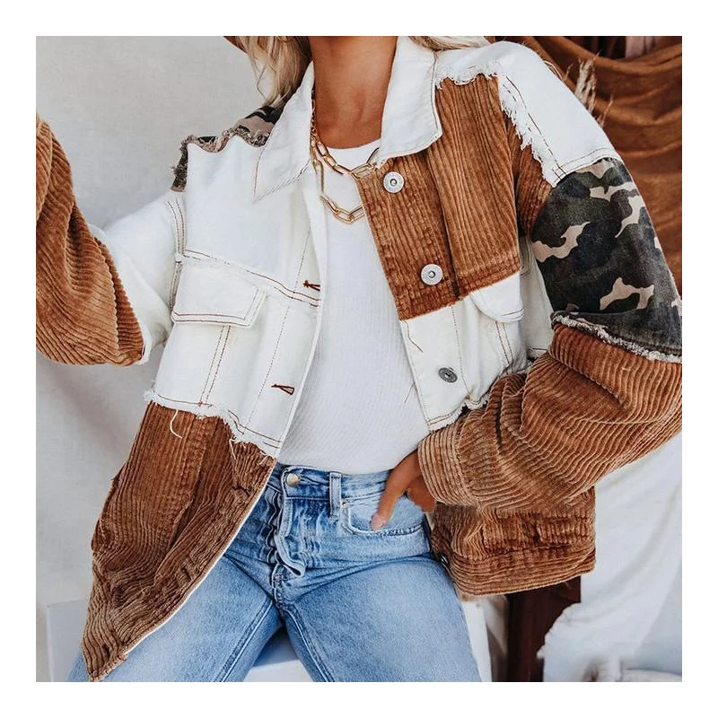 Jackets For Women 2021 Denim Corduroy Camouflage Stitching Jacket Turn-dowm Lapel Vintage Cowgirl Jackets Coats 
Jackets For Women 2021 Denim Corduroy Camouflage Stitching Jacket Turn-dowm Lapel Vintage Cowgirl Jackets Coats