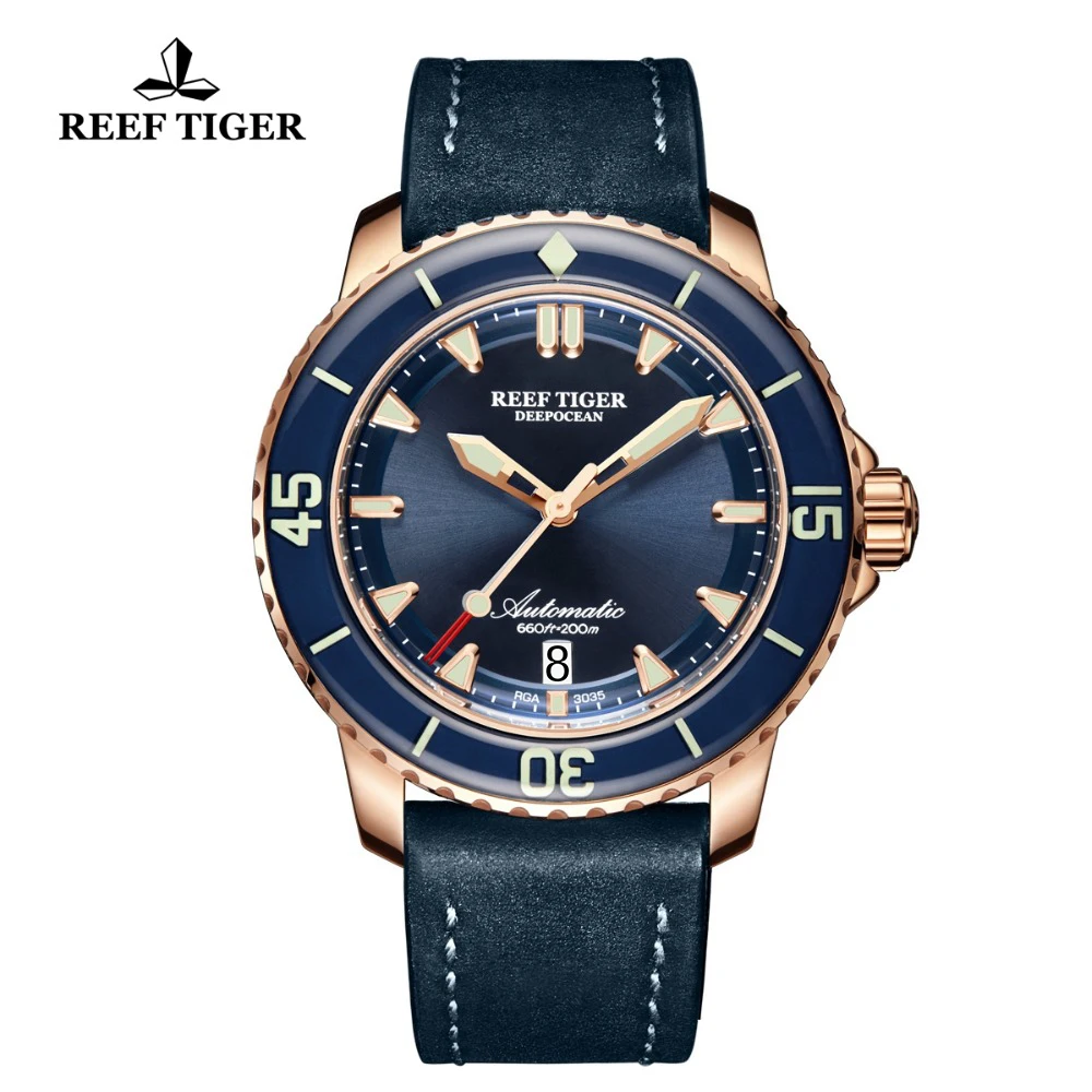 

New Reef Tiger/RT Dive Sport Watches with Chronograph Date Blue Leather Strap Super Luminous Watch for Men RGA3035-PLBC