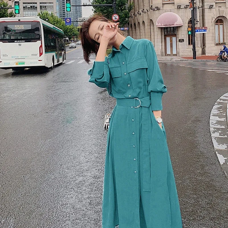 Vintage Long Sleeve Shirt Dress Women Spring Autumn Streetwear Casual Single Breasted Midi Dress Korean a-Line Dress With Sashes
Vintage Long Sleeve Shirt Dress Women Spring Autumn Streetwear Casual Single Breasted Midi Dress Korean a-Line Dress With Sashes