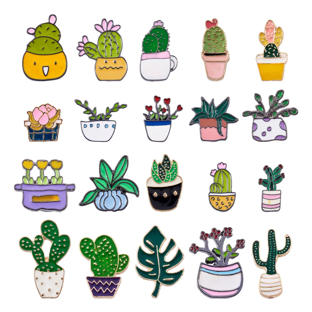 

20Pcs Alloy Enamel Potted Plant Pins Cartoon Cactus Aloe Brooches Lapel Pin Bag Clothing Badge Decor For Kids DIY Jewelry Gift