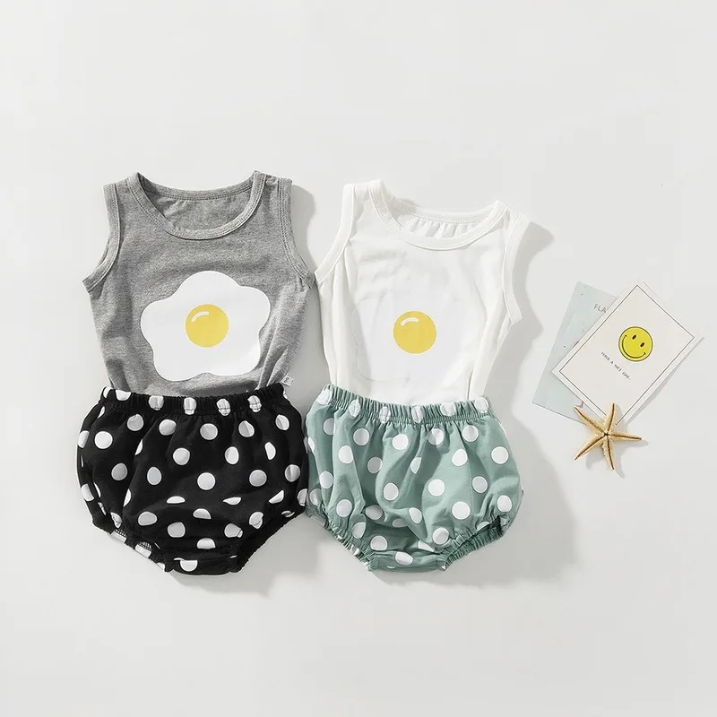 2020 Newborn Clothes Summer Set Models Infant Sleeveless T-shirt + Shorts Embroidery Cotton Egg Print Suit Baby Clothes 
2020 Newborn Clothes Summer Set Models Infant Sleeveless T-shirt + Shorts Embroidery Cotton Egg Print Suit Baby Clothes