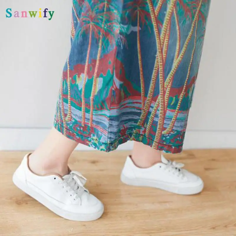 Summer Hawaii Botanical Print Pockets Waist Denim Wide Leg Pants 2020 Bohemian Loose Leisure Women Lace Up 
Summer Hawaii Botanical Print Pockets Waist Denim Wide Leg Pants 2020 Bohemian Loose Leisure Women Lace Up