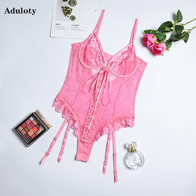 

Aduloty New Erotic Women's Pink Lace Lace-Up Sling Teddy Bodysuit Thin Section Mesh See-Through Sexy Lingerie Underwire Bra Set