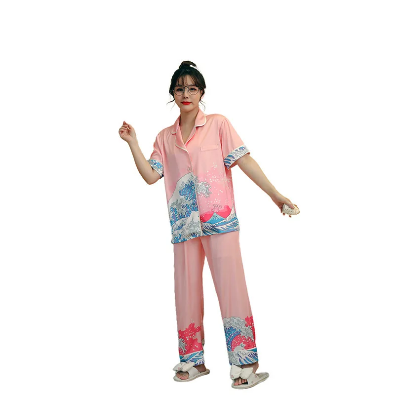 Lady Print Spray 2PCS Pajamas Sets Sexy Turn-Down Collar Pyjamas Sleep Suit Sleepwear Nightwear Lingerie Spring Loose Home Wear 
Lady Print Spray 2PCS Pajamas Sets Sexy Turn-Down Collar Pyjamas Sleep Suit Sleepwear Nightwear Lingerie Spring Loose Home Wear