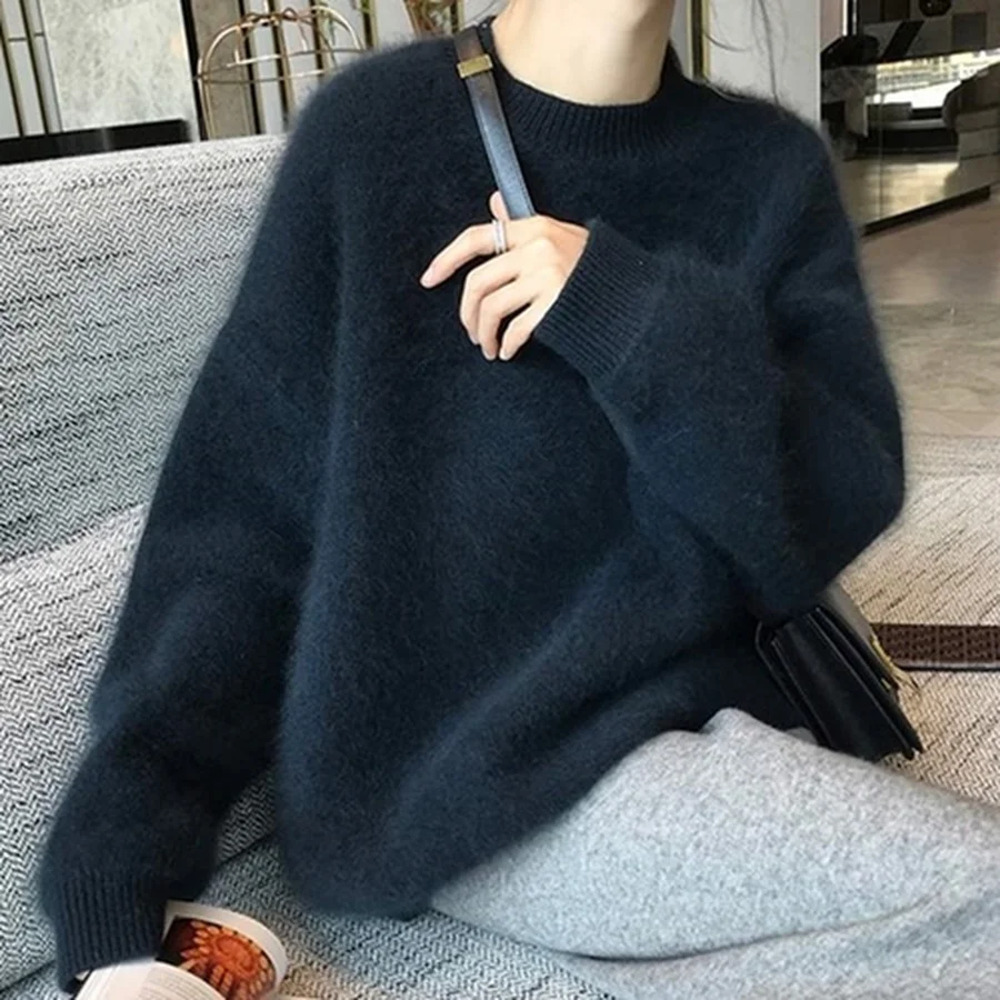 

SYJ New 2021 Autumn Winter Women Sweater Pullovers Fake Mink Cashmere Oversize Vintage Knitwears Wild Lady Tops SW1207JX