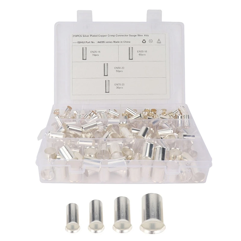 210Pcs AWG 4 2 1 2/0 Wire Crimp Connector Silver Plated Non Insulated Ferrules Pin Cord End Terminal Assortment Kit
210Pcs AWG 4 2 1 2/0 Wire Crimp Connector Silver Plated Non Insulated Ferrules Pin Cord End Terminal Assortment Kit