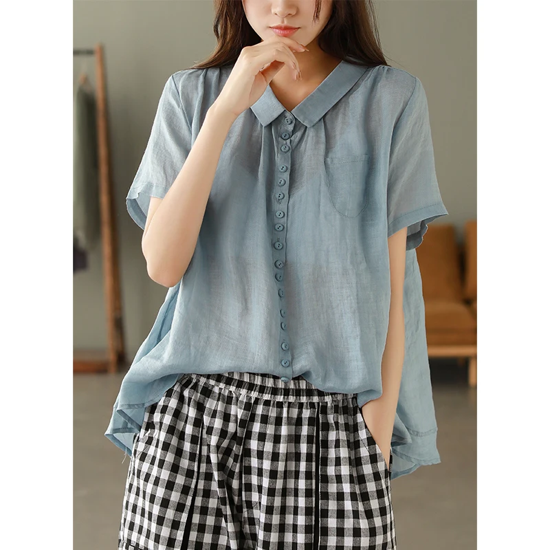 2021 summer new retro 100 twill linen lapel short-sleeved shirt women's single row multi-button top
2021 summer new retro 100 twill linen lapel short-sleeved shirt women's single row multi-button top