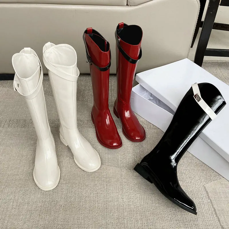 2021 New Patent Leather Women Boots Fashion Zipper Round Toe Knight Boots Comfort Low Heel Buckle Winter Lady Shoes Black Red
2021 New Patent Leather Women Boots Fashion Zipper Round Toe Knight Boots Comfort Low Heel Buckle Winter Lady Shoes Black Red