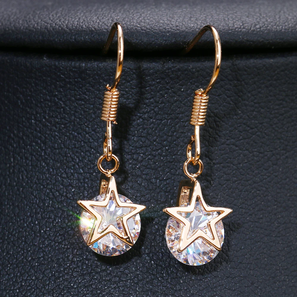 

AMC Luxury Gold Geometric Dangle Earrings With Hook Five Star Round AAA Cubic Zirconia Drop Earring Party Jewelry Gift for Women