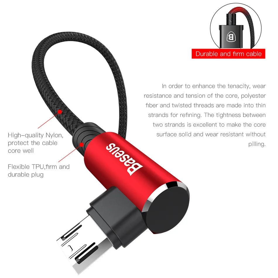 Кабель Micro USB Baseus для быстрой зарядки и передачи данных 90 градусов мобильный