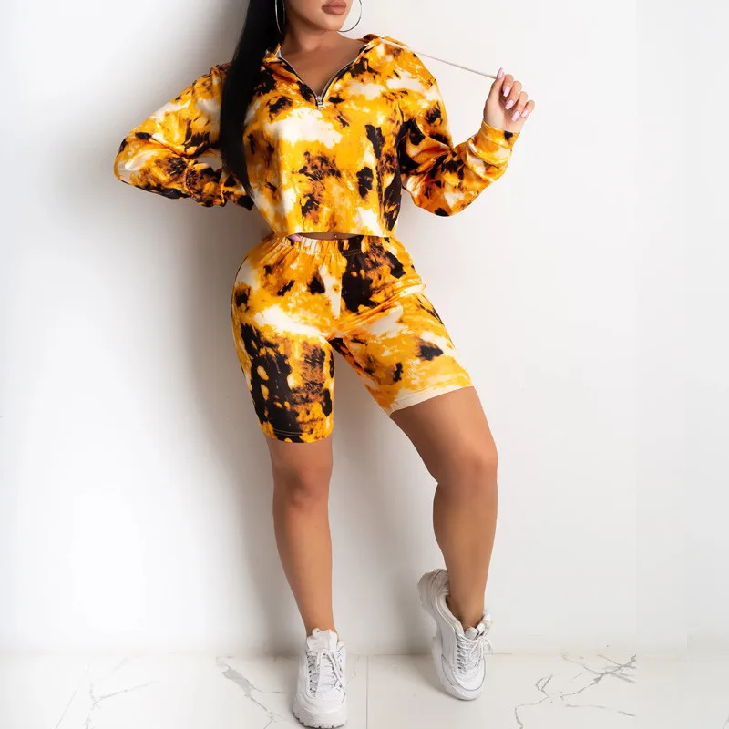 Spring Autumn Causal Fashion Sport Suit 2 Piece Set Ladies Tie Dyeing Hooded Long Sleeve Crop Top High Waist Skinny Biker Shorts 
Spring Autumn Causal Fashion Sport Suit 2 Piece Set Ladies Tie Dyeing Hooded Long Sleeve Crop Top High Waist Skinny Biker Shorts