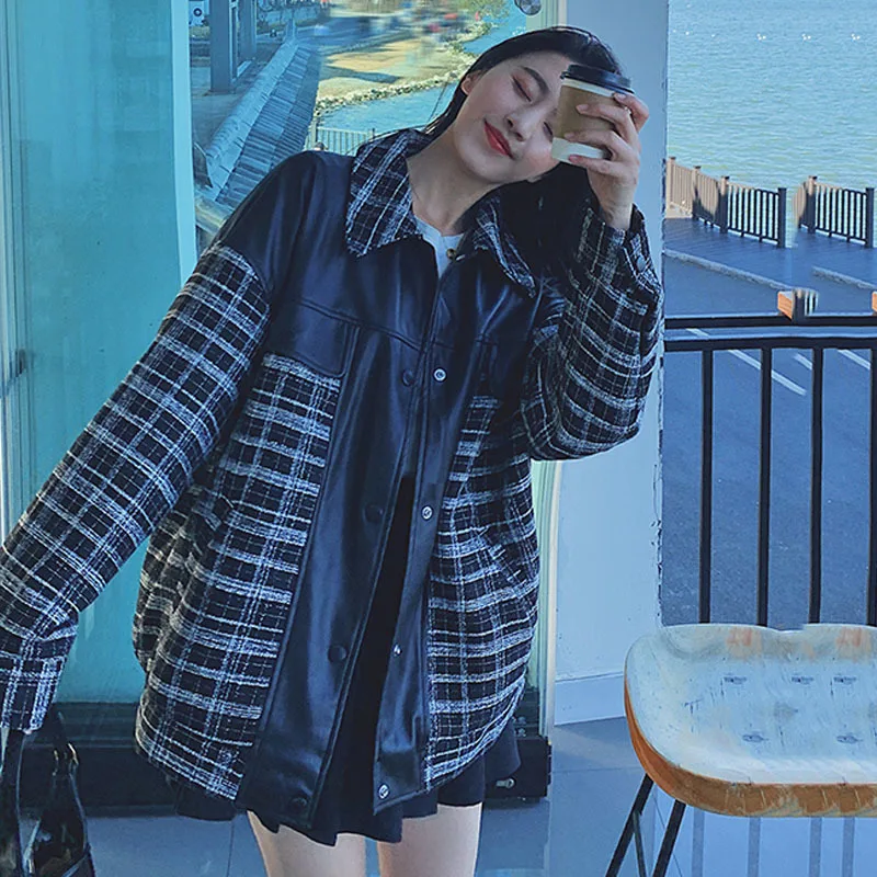 Women Tweed Coats Pu Leather Patchwork Black Coat Women Vintage Casual Long Jacket Overcoat Women 2021 Fashion
Women Tweed Coats Pu Leather Patchwork Black Coat Women Vintage Casual Long Jacket Overcoat Women 2021 Fashion