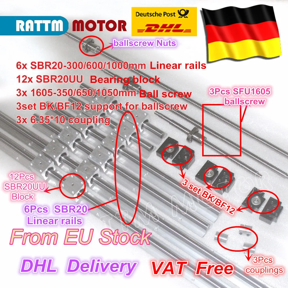 

EU free VAT 3 ballscrew SFU1605-350/650/1050+3BK/BF12 & 3set BK/BF12 & 6pcs SBR20 Linear Guide rails & 3 couplers for CNC Kit