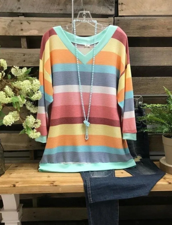 Women Rainbow Striped T-Shirt V Neck Long Sleeved Tunic Loose Pullovers Tops Female Autumn Casaul Long Tee Shirt
Women Rainbow Striped T-Shirt V Neck Long Sleeved Tunic Loose Pullovers Tops Female Autumn Casaul Long Tee Shirt