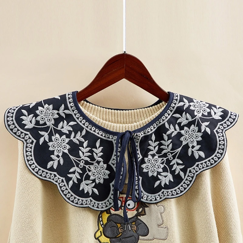

Embroidery Floral False Fake Collar Lace-Up Ribbon Big Shawl Necklace Capelet XX9D