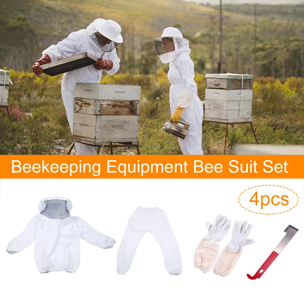 

4pcs Workwear Hat Pants Coverall Protective Professional Bee Suit Set Honeycomb Tool Gloves Beekeeping Equipment With Veil Hood