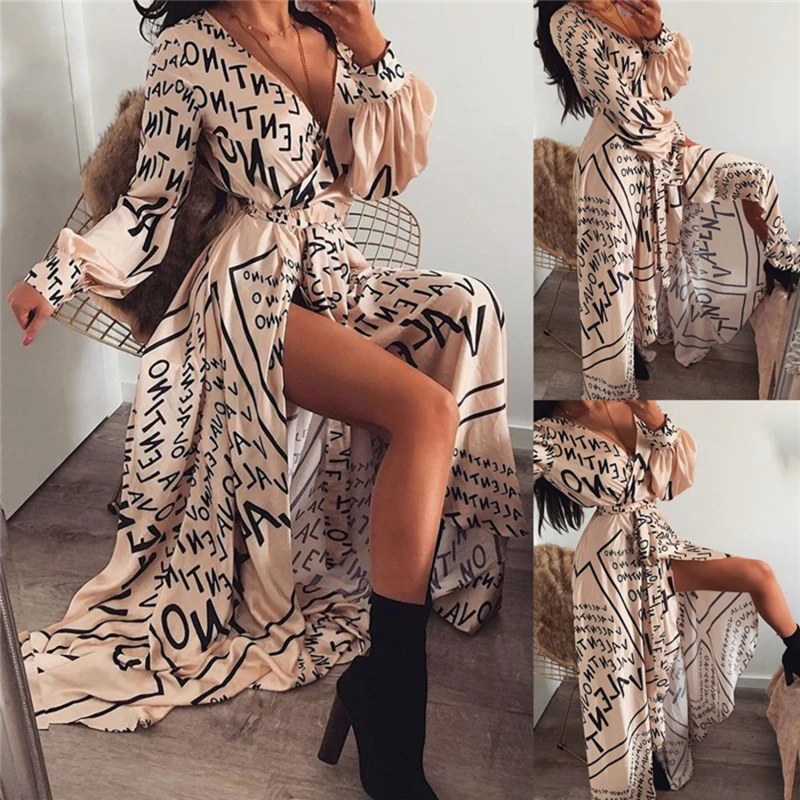 New Women Letter Print Sexy V-Neck High Waist Thigh Slit Maxi Dress Long Sleeve Elegant Boho Beach Dress Casual Dresses
New Women Letter Print Sexy V-Neck High Waist Thigh Slit Maxi Dress Long Sleeve Elegant Boho Beach Dress Casual Dresses
