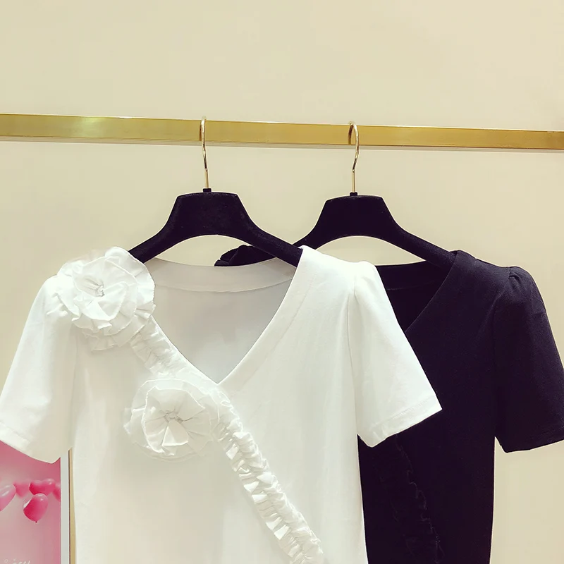 Plain Tee Flower Decoration Ruffle V-neck Short-Sleeved T-shirt for Women 2021 Summer New Casual Jumper Slimming Fashionable Top
Plain Tee Flower Decoration Ruffle V-neck Short-Sleeved T-shirt for Women 2021 Summer New Casual Jumper Slimming Fashionable Top