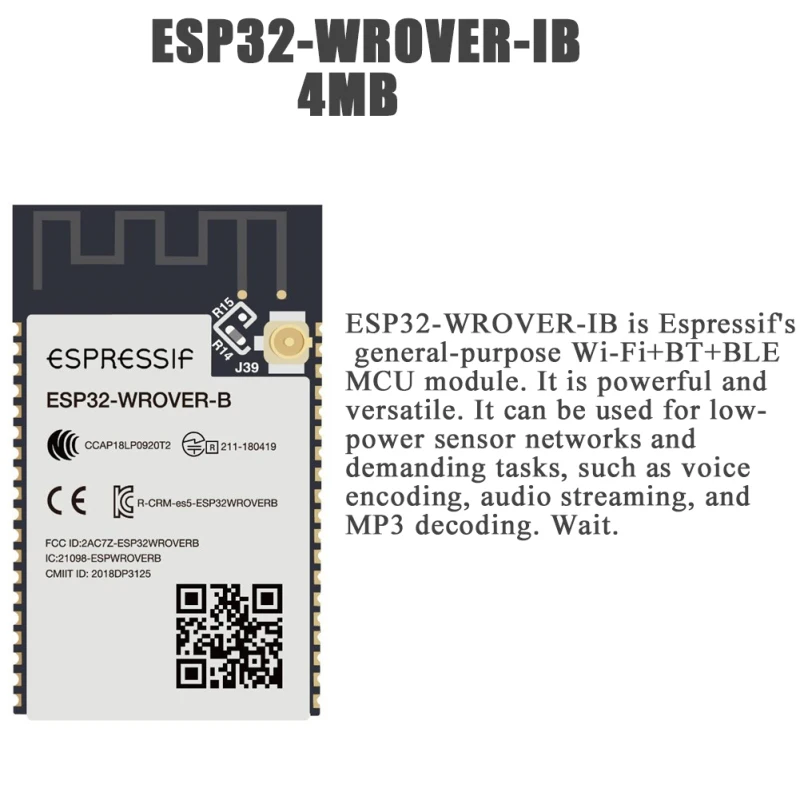 ESP32-WROVER-B/ESP32 WROVER-IB 2.4G WiFi Bluetooth-compatible Module SPI Wireless Espressif 4MB Flash ESP32-WROVER-B Newest 2021
ESP32-WROVER-B/ESP32 WROVER-IB 2.4G WiFi Bluetooth-compatible Module SPI Wireless Espressif 4MB Flash ESP32-WROVER-B Newest 2021
