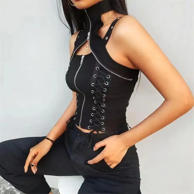 Sleeveless Zipper Choker Halter Gothic Black Tank Bandage Fitness Crop Top Punk Camis Women Bodycon Strap Clubwear Tops
Sleeveless Zipper Choker Halter Gothic Black Tank Bandage Fitness Crop Top Punk Camis Women Bodycon Strap Clubwear Tops