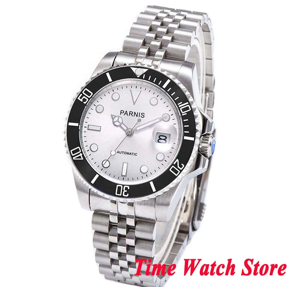 

40mm parnis Miyota 8215 5ATM Automatic wrist watch men waterproof date sapphire glass luminous silver dial black ceramic bezel