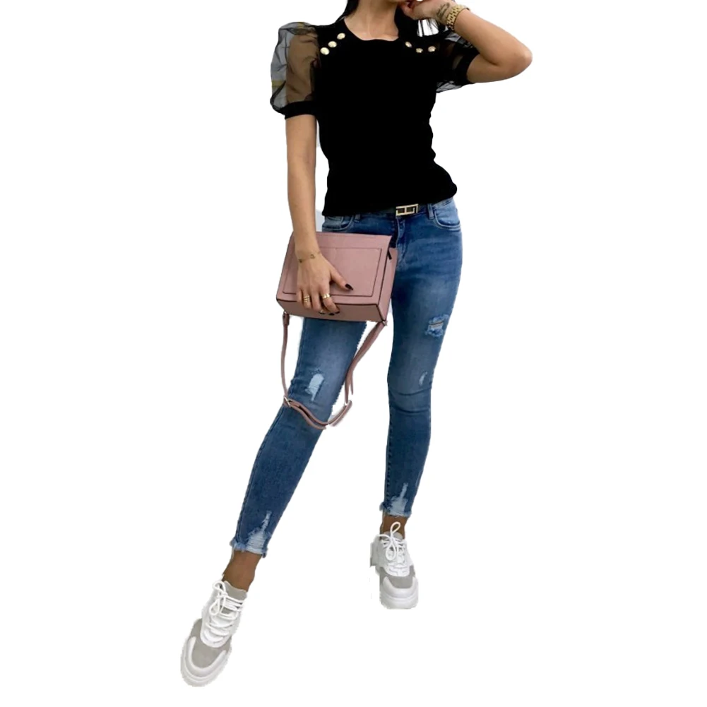 Women Casual Black T Shirt Summer Mesh Transparent Short Sleeve O-neck Metal Buttons Decor Slim T shirt Women Tops
Women Casual Black T Shirt Summer Mesh Transparent Short Sleeve O-neck Metal Buttons Decor Slim T shirt Women Tops