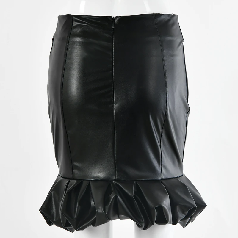 Женская кожаная юбка с оборками NewAsia Garden черная облегающая высокой талией