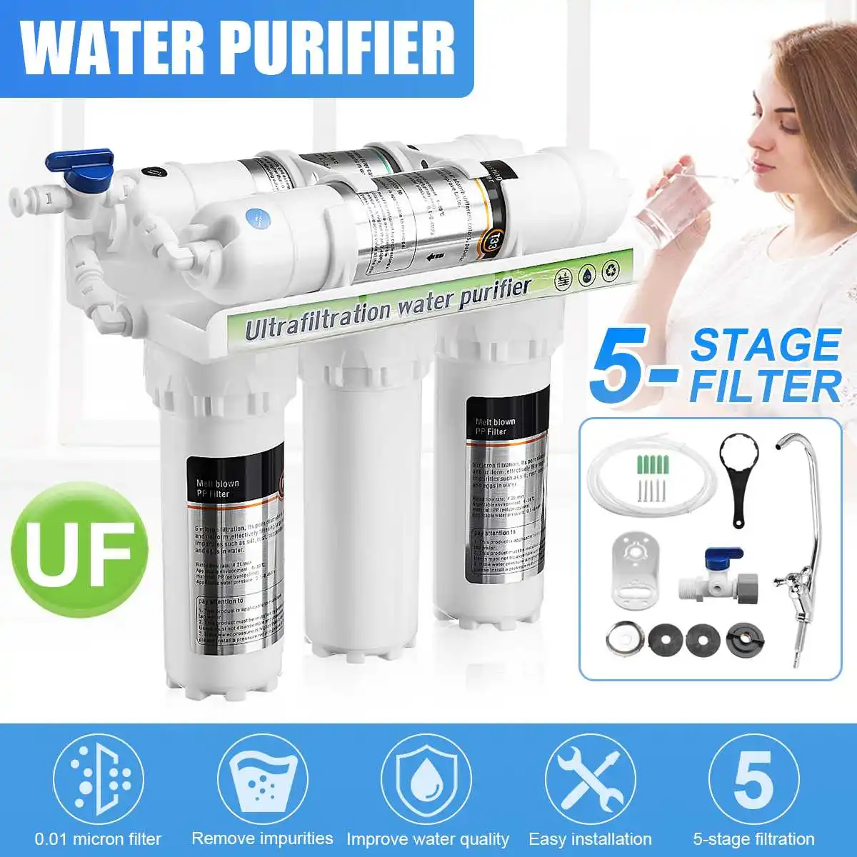 3+2 Efficient Drinking Water Filter Ultrafiltration System Home Kitchen Purifier Water Filter Cartridge Kit With Faucet Tap
3+2 Efficient Drinking Water Filter Ultrafiltration System Home Kitchen Purifier Water Filter Cartridge Kit With Faucet Tap