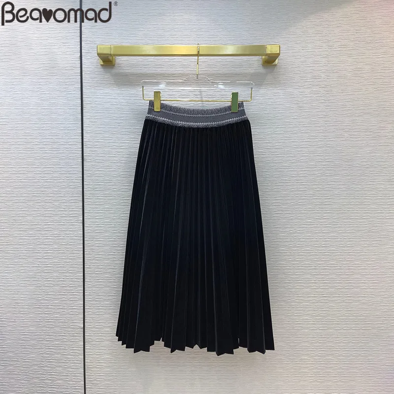 

Женская плиссированная юбка миди Bearomad, черная бархатная приталенная юбка-трапеция средней длины со средней талией, однотонная плиссирован...