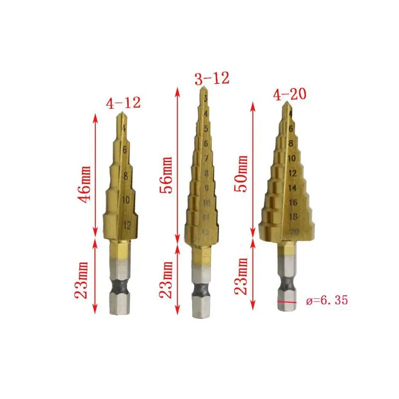 3pcs/set 3-12mm 4-12mm 4-20mm Step Cone Drill Bit Hexagonal Shank High Speed Steel Hole Cutter
3pcs/set 3-12mm 4-12mm 4-20mm Step Cone Drill Bit Hexagonal Shank High Speed Steel Hole Cutter