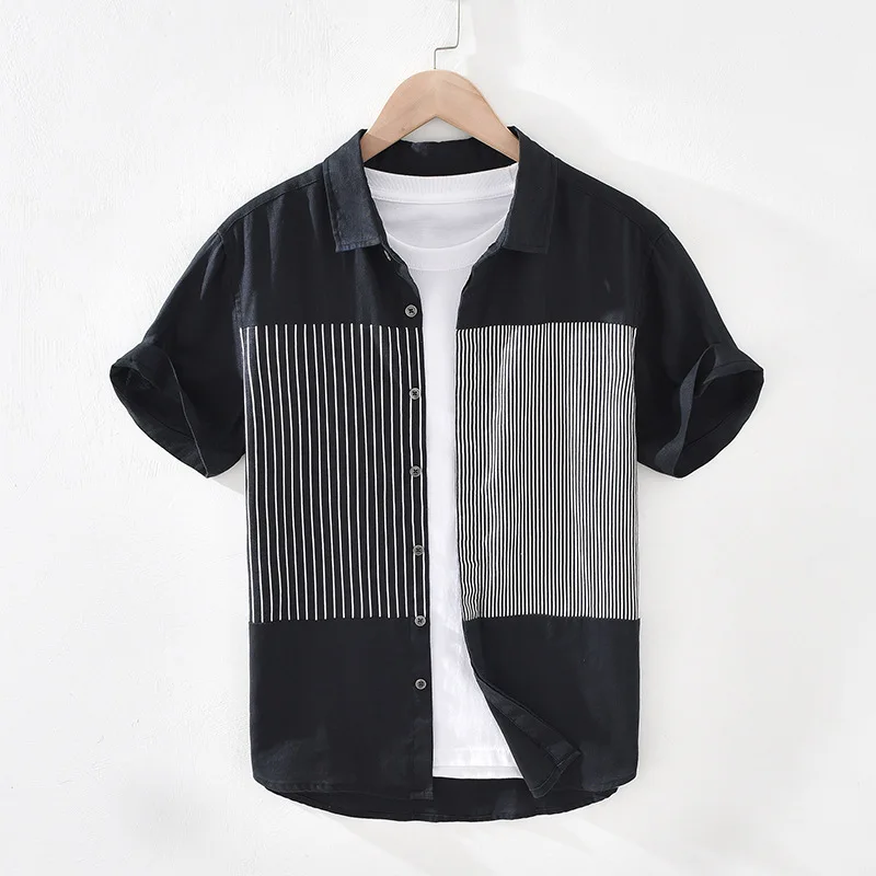 Men Clothing 2021 Men's Lapel Stitching Striped Linen Shirt Summer Loose Casual Fashion Linen Shirt Camisas Para Hombre