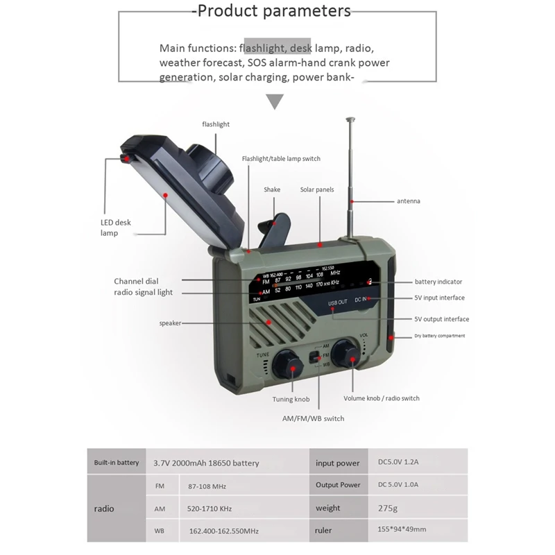 Radio Weather Forecast Hand-Cranked Power Radio Portable Solar Flashlight Outdoor Radio AM / FM / NOAA Weather Radio
Radio Weather Forecast Hand-Cranked Power Radio Portable Solar Flashlight Outdoor Radio AM / FM / NOAA Weather Radio