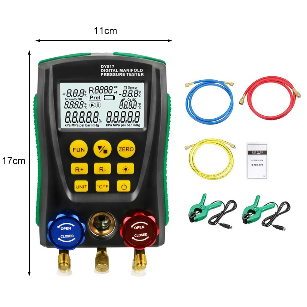 DY517A Refrigerant Meter Pressure Gauge HVAC Temperature Tester Digital Vacuum Pressure Manifold Tester Leakage Monitor Detector
DY517A Refrigerant Meter Pressure Gauge HVAC Temperature Tester Digital Vacuum Pressure Manifold Tester Leakage Monitor Detector