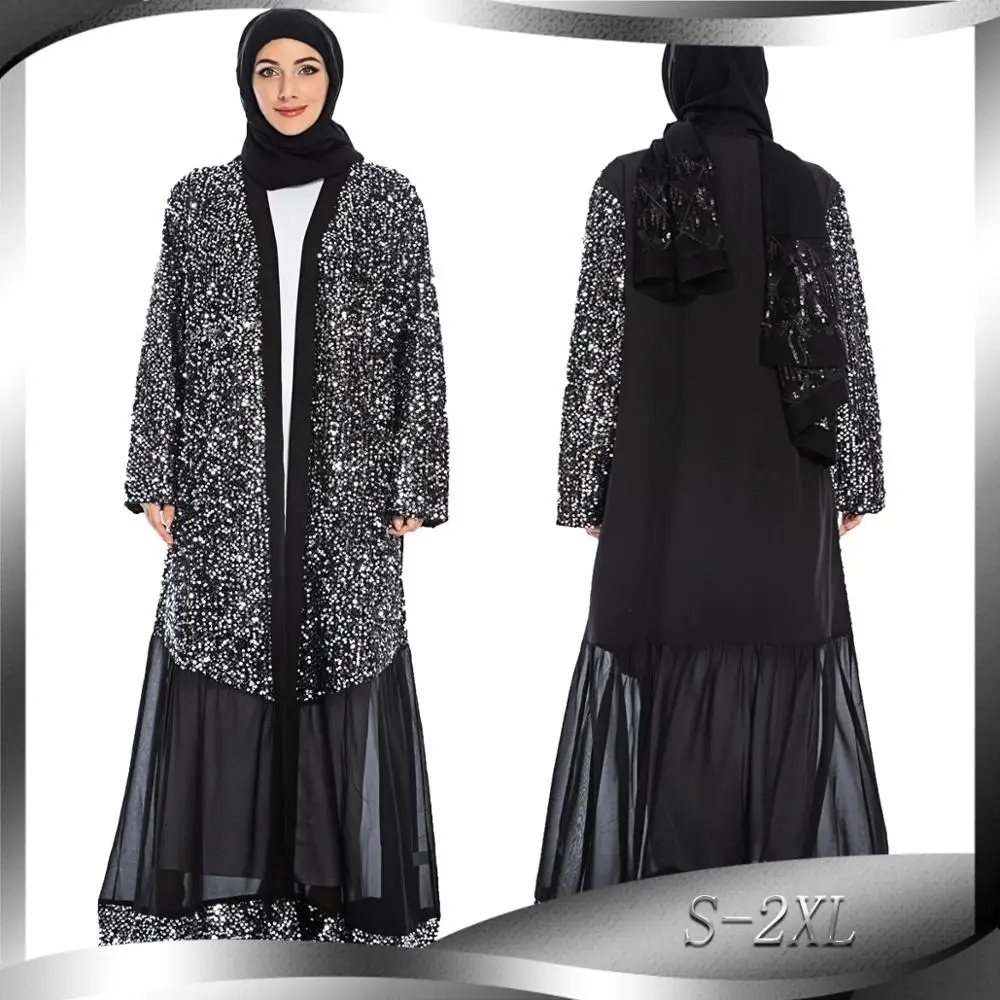 Фото Женское мусульманское платье Абая кардиган из кусков с блестками Дубайский