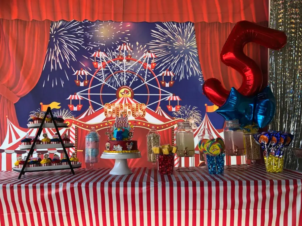 Backdrop CIRCUS Themed Top Carnival Birthday Party Backdrop Ferris Wheel Banners Fireworks Amusement Curtain Photo Background
Backdrop CIRCUS Themed Top Carnival Birthday Party Backdrop Ferris Wheel Banners Fireworks Amusement Curtain Photo Background