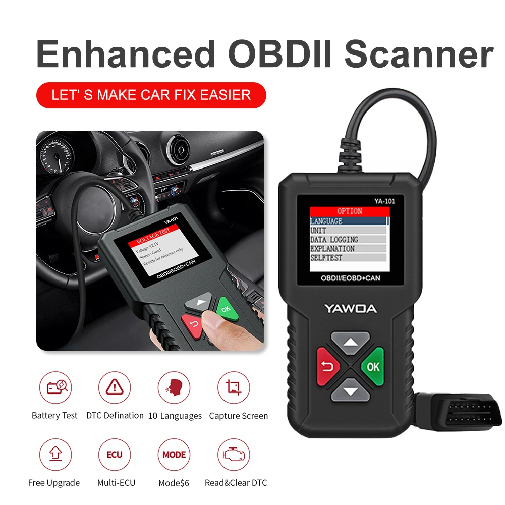 Автомобильный сканер YAWOA YA-101, OBD2, считыватель кодов автомобиля, сканер, инструменты для проверки ошибок двигателя автомобиля
Автомобильный сканер YAWOA YA-101, OBD2, считыватель кодов автомобиля, сканер, инструменты для проверки ошибок двигателя автомобиля