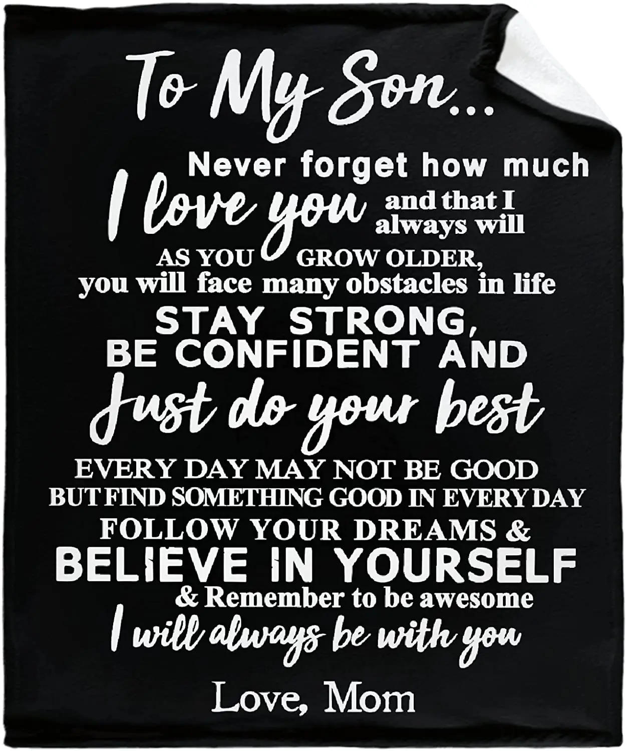 To My Son Blanket From Mom Gifts for Son Throw Blankets with Strength Courage Words Super Soft Flannel Fleece Quilt for Birthday
To My Son Blanket From Mom Gifts for Son Throw Blankets with Strength Courage Words Super Soft Flannel Fleece Quilt for Birthday