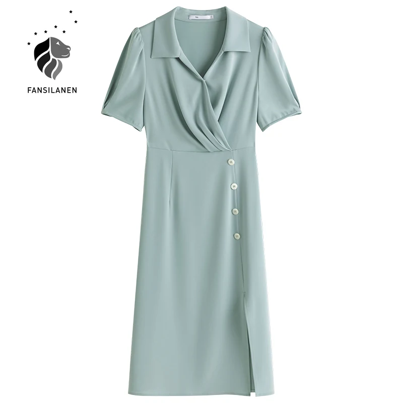 FANSILANEN Office Lady French V-neck Puff Sleeve High Waist Dress Women Summer 2021 New Blue Long Skirt Dresses For Women 
FANSILANEN Office Lady French V-neck Puff Sleeve High Waist Dress Women Summer 2021 New Blue Long Skirt Dresses For Women