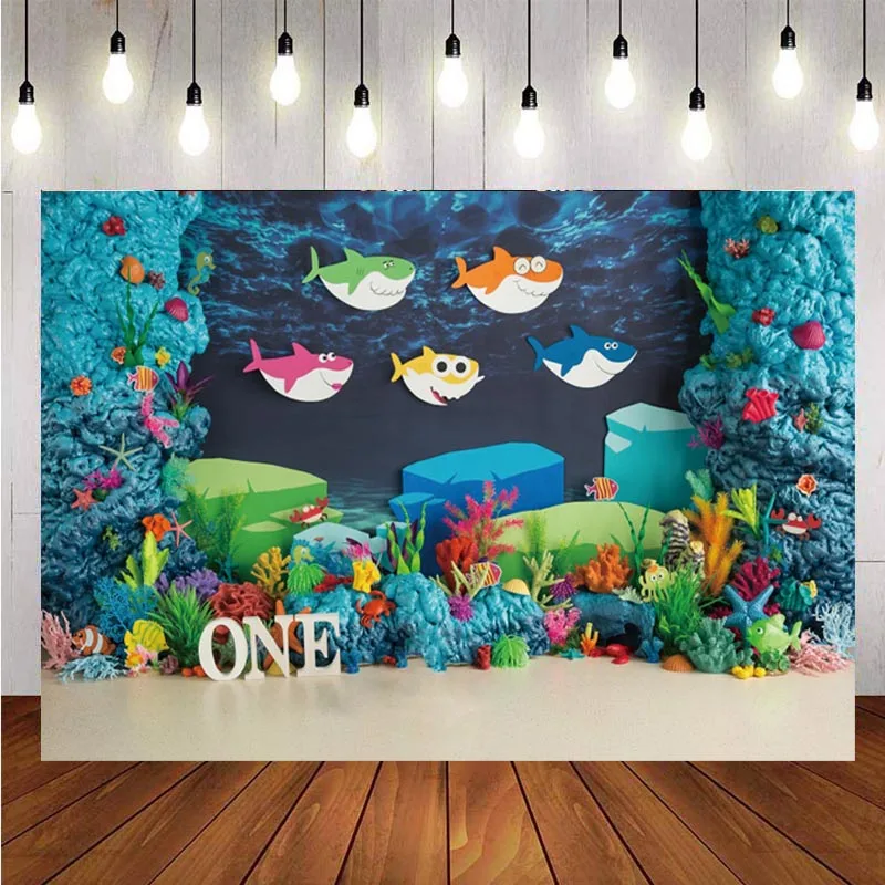 

Фон для фотосъемки с изображением подводного мира Акулы в честь первого дня рождения ребенка мультяшный фон для фотостудии баннер украшени...