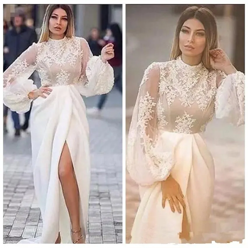 Sexy Sheath Prom Dresses Lace Applique High Neck Puffy Sleeves Illusion Long Sleeves Formal Party Gowns Front Split Evening Gown
Sexy Sheath Prom Dresses Lace Applique High Neck Puffy Sleeves Illusion Long Sleeves Formal Party Gowns Front Split Evening Gown