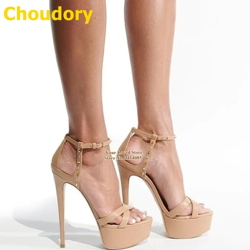 

Choudory Nude Black Thin High Heel Sandals Crystal Rivets Embellished Platform Dress Shoes Buckle Strap Elegant Banquet Pumps