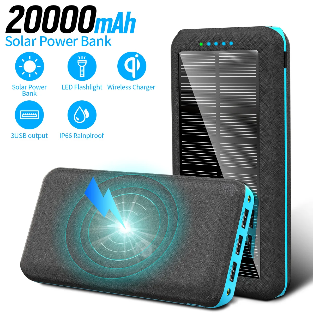 20000mAh Qi Solar Wireless Power Bank with Triple USB Ports Portable Outdoor Mobile Phone Fast Charger for Xiaomi Samsung Iphone 
20000mAh Qi Solar Wireless Power Bank with Triple USB Ports Portable Outdoor Mobile Phone Fast Charger for Xiaomi Samsung Iphone