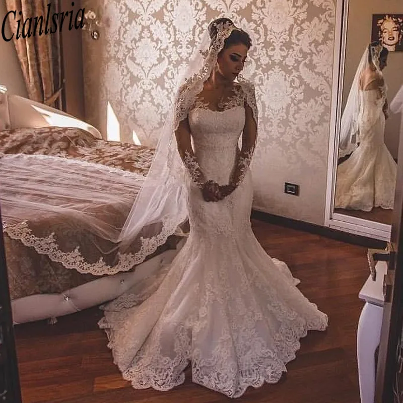 Mermaid Wedding Dresses Jewel Neck Long Sleeves Illusion Appliques Button Back Court Train Formal Plus Size Bridal Gows
Mermaid Wedding Dresses Jewel Neck Long Sleeves Illusion Appliques Button Back Court Train Formal Plus Size Bridal Gows
