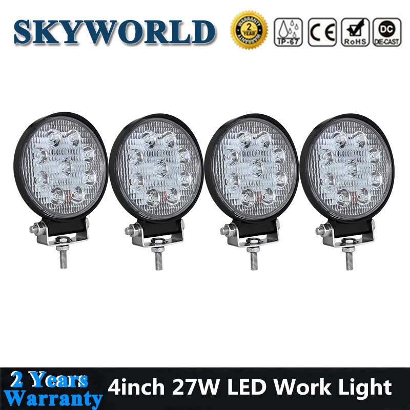 

4pcs 27W Round Spot Flood Work Light Bar Offroad Driving Fog 4inch Lamp For Trailer Uaz Auto 4x4 4WD Boat Ute Extra Lights 12V