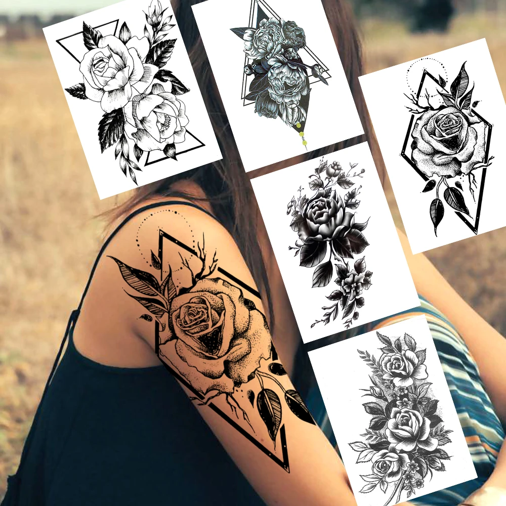 Fashion Black Flower Temporary Tattoos Sticker For Women Body Art Arm Tatoos For Festival Realistic Fake Geometric Rose Tattoos
Fashion Black Flower Temporary Tattoos Sticker For Women Body Art Arm Tatoos For Festival Realistic Fake Geometric Rose Tattoos