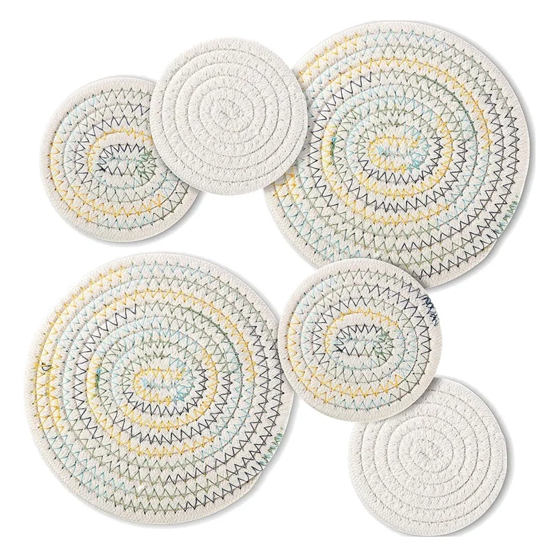 6 Pcs Potholders Trivet Coaster Set,4.3 & 7 Inch Cotton Weave Round Pads for Kitchen Hot Pot Cup Dishes,White & Colorful
6 Pcs Potholders Trivet Coaster Set,4.3 & 7 Inch Cotton Weave Round Pads for Kitchen Hot Pot Cup Dishes,White & Colorful