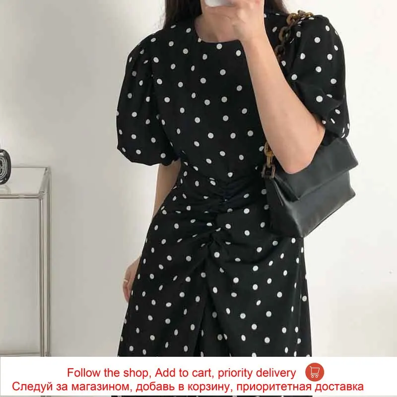 

Yitimuceng Polka Dot Dresses for Women Ruched Midi Dress High Waist Puff Sleeve White Black Sundress 2021 Summer Korean Fashion