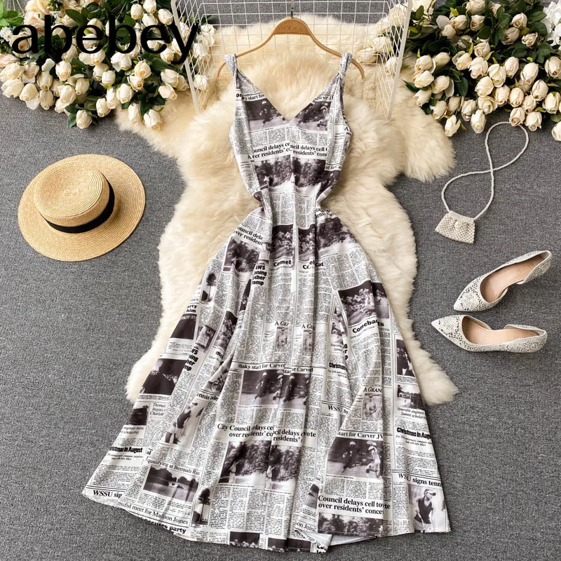 Vintage Newspaper Print Dress Women Sexy Sleeveless V Neck A-line Dresses Summer Off Shoulder Streetwear Long Sundress
Vintage Newspaper Print Dress Women Sexy Sleeveless V Neck A-line Dresses Summer Off Shoulder Streetwear Long Sundress
