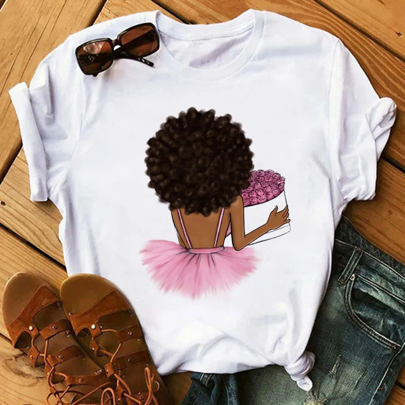 Poppin Mom T Shirt Casual Women Black African Curly Hair girl Printed Tshirt Femme Harajuku Clothes Female T-shirt Tops | Женская одежда