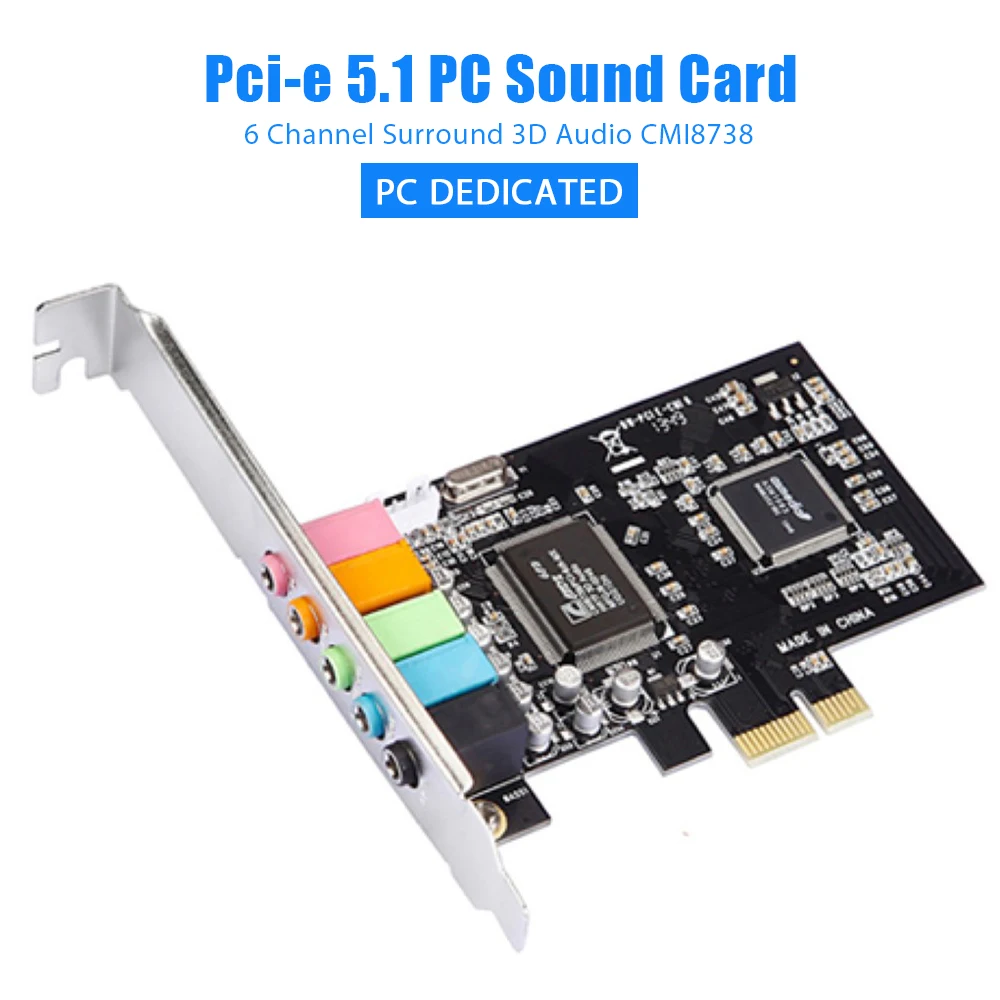 PCI-E Sound Card Desktop CMI8738 Chip 5.1 Internal Audio Sound Card for Windows7/8/10 Supports A3D 1.0 and DS3D
PCI-E Sound Card Desktop CMI8738 Chip 5.1 Internal Audio Sound Card for Windows7/8/10 Supports A3D 1.0 and DS3D